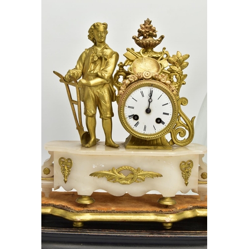 238 - A LATE 19TH CENTURY GILT METAL AND ALABASTER FIGURAL MANTEL CLOCK, the drum shaped clock surmounted ... 