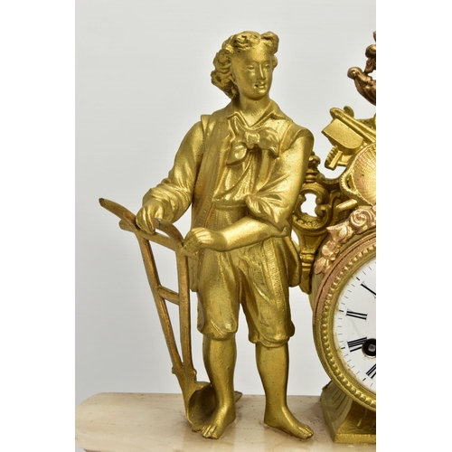 238 - A LATE 19TH CENTURY GILT METAL AND ALABASTER FIGURAL MANTEL CLOCK, the drum shaped clock surmounted ... 