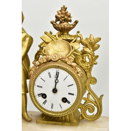 238 - A LATE 19TH CENTURY GILT METAL AND ALABASTER FIGURAL MANTEL CLOCK, the drum shaped clock surmounted ... 