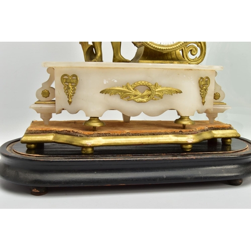 238 - A LATE 19TH CENTURY GILT METAL AND ALABASTER FIGURAL MANTEL CLOCK, the drum shaped clock surmounted ... 