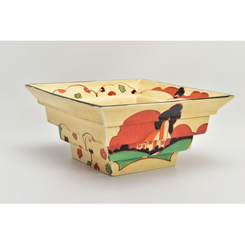 241 - A CLARICE CLIFF FANTASQUE BIZARRE STEPPED SQUARE BOWL IN THE FARMHOUSE PATTERN, shape no 367, circa ... 