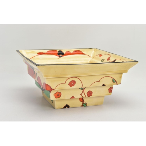 241 - A CLARICE CLIFF FANTASQUE BIZARRE STEPPED SQUARE BOWL IN THE FARMHOUSE PATTERN, shape no 367, circa ... 