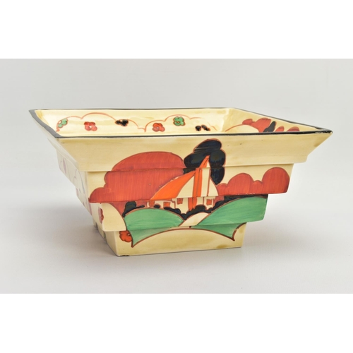 241 - A CLARICE CLIFF FANTASQUE BIZARRE STEPPED SQUARE BOWL IN THE FARMHOUSE PATTERN, shape no 367, circa ... 