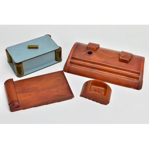 242 - THREE PIECES OF ART DECO CARVACRAFT DESK ACCESSORIES IN AMBER BAKELITE, comprising a desk stand fitt... 