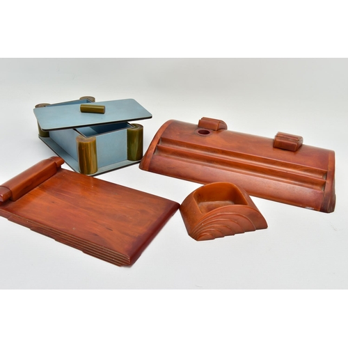 242 - THREE PIECES OF ART DECO CARVACRAFT DESK ACCESSORIES IN AMBER BAKELITE, comprising a desk stand fitt... 