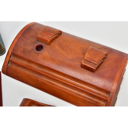 242 - THREE PIECES OF ART DECO CARVACRAFT DESK ACCESSORIES IN AMBER BAKELITE, comprising a desk stand fitt... 