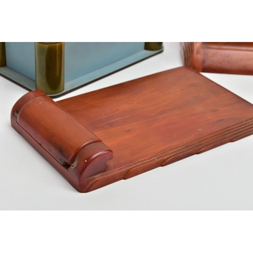 242 - THREE PIECES OF ART DECO CARVACRAFT DESK ACCESSORIES IN AMBER BAKELITE, comprising a desk stand fitt... 