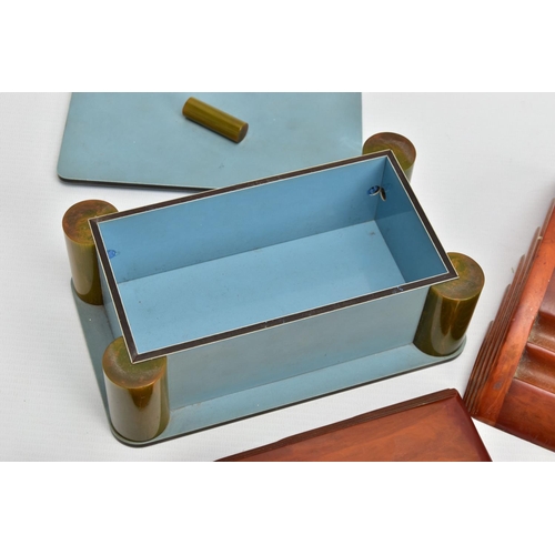 242 - THREE PIECES OF ART DECO CARVACRAFT DESK ACCESSORIES IN AMBER BAKELITE, comprising a desk stand fitt... 