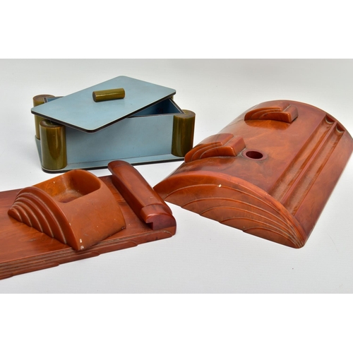 242 - THREE PIECES OF ART DECO CARVACRAFT DESK ACCESSORIES IN AMBER BAKELITE, comprising a desk stand fitt... 