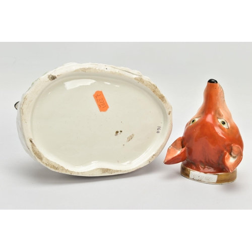 244 - AN EARLY 19TH CENTURY ENGLISH PORCELAIN FOX HEAD STIRRUP CUP, with gilt collar inscribed 'Tally ho',... 