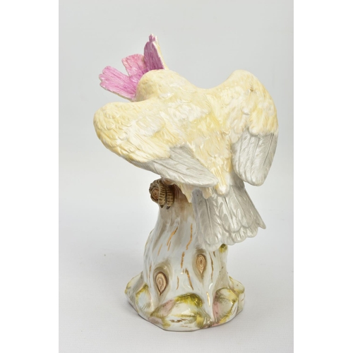 245 - A 20TH CENTURY MEISSEN COCKATOO AFTER J.J. KANDLER, modelled as perched on a mossy covered stump wit... 