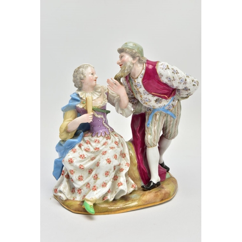 246 - A LATE 19TH CENTURY MEISSEN FIGURE GROUP OF PANTALONE AND COLUMBINE, modelled as seated and standing... 