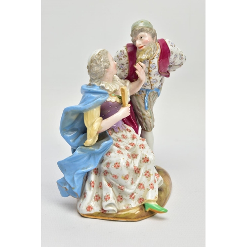 246 - A LATE 19TH CENTURY MEISSEN FIGURE GROUP OF PANTALONE AND COLUMBINE, modelled as seated and standing... 