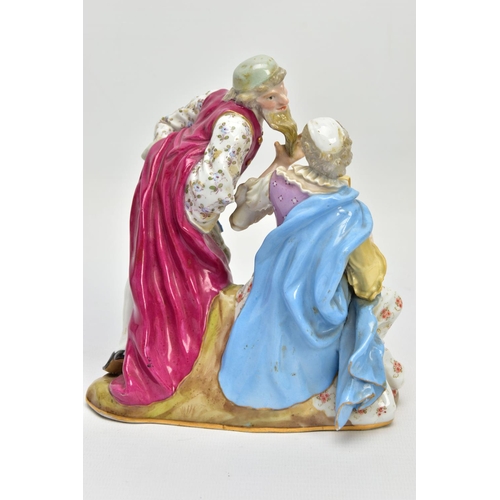 246 - A LATE 19TH CENTURY MEISSEN FIGURE GROUP OF PANTALONE AND COLUMBINE, modelled as seated and standing... 