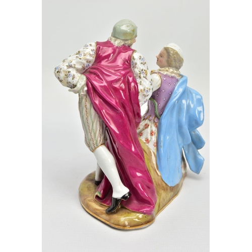 246 - A LATE 19TH CENTURY MEISSEN FIGURE GROUP OF PANTALONE AND COLUMBINE, modelled as seated and standing... 