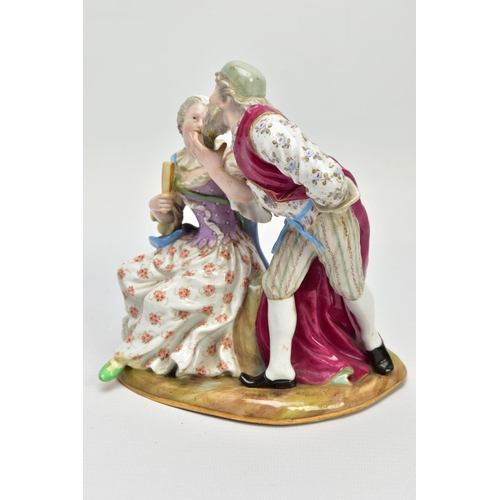 246 - A LATE 19TH CENTURY MEISSEN FIGURE GROUP OF PANTALONE AND COLUMBINE, modelled as seated and standing... 