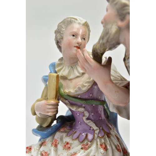 246 - A LATE 19TH CENTURY MEISSEN FIGURE GROUP OF PANTALONE AND COLUMBINE, modelled as seated and standing... 