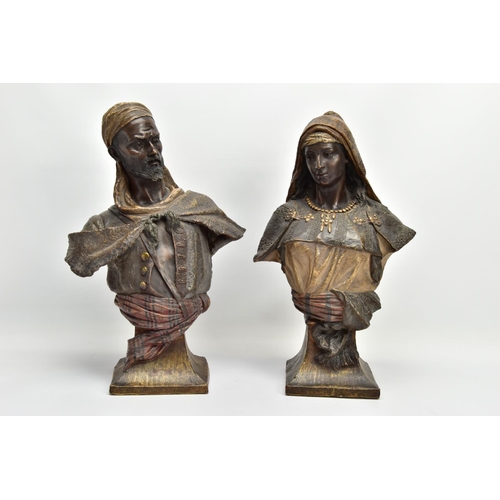 247 - A PAIR OF LATE 19TH CENTURY FRIEDRICH GOLDSCHEIDER POLYCHROME-PATINATED TERRACOTTA ORIENTALIST BUSTS... 