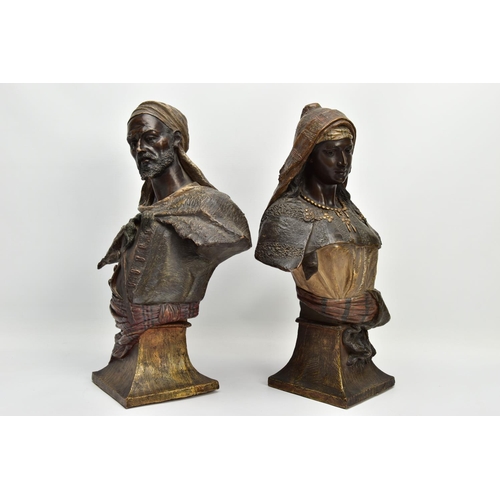 247 - A PAIR OF LATE 19TH CENTURY FRIEDRICH GOLDSCHEIDER POLYCHROME-PATINATED TERRACOTTA ORIENTALIST BUSTS... 