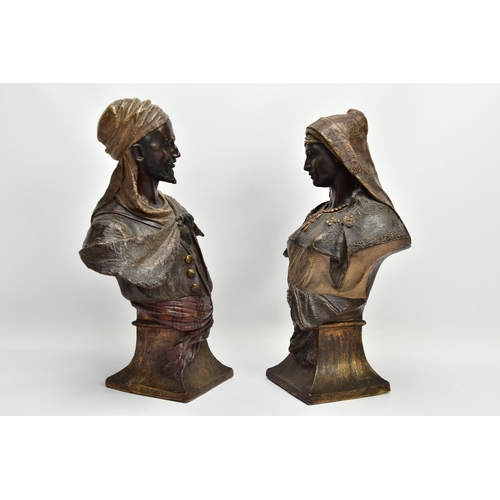 247 - A PAIR OF LATE 19TH CENTURY FRIEDRICH GOLDSCHEIDER POLYCHROME-PATINATED TERRACOTTA ORIENTALIST BUSTS... 