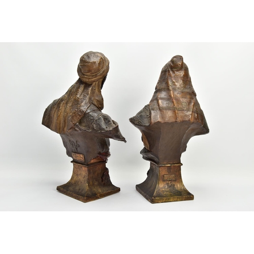 247 - A PAIR OF LATE 19TH CENTURY FRIEDRICH GOLDSCHEIDER POLYCHROME-PATINATED TERRACOTTA ORIENTALIST BUSTS... 