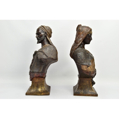 247 - A PAIR OF LATE 19TH CENTURY FRIEDRICH GOLDSCHEIDER POLYCHROME-PATINATED TERRACOTTA ORIENTALIST BUSTS... 