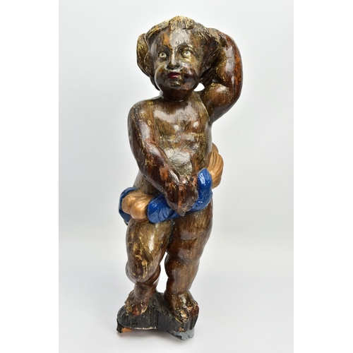 249 - A CARVED WOODEN SUPPORT IN THE FORM OF A PUTTI, with later polychrome decoration and later ebonised ... 