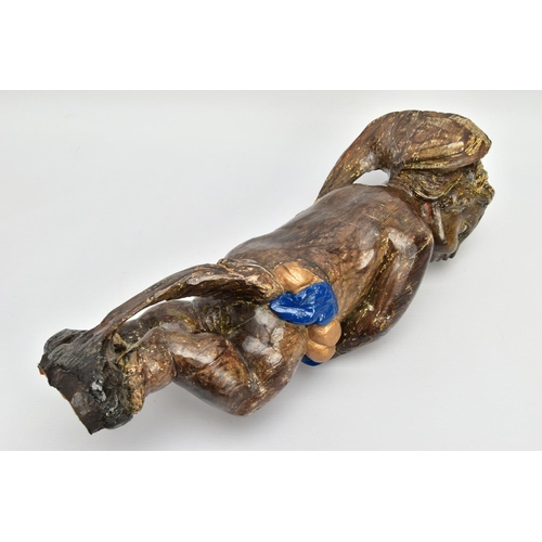 249 - A CARVED WOODEN SUPPORT IN THE FORM OF A PUTTI, with later polychrome decoration and later ebonised ... 