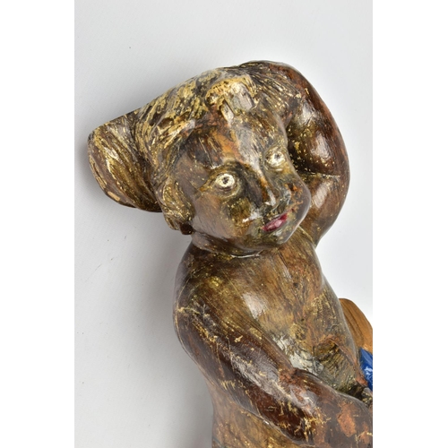 249 - A CARVED WOODEN SUPPORT IN THE FORM OF A PUTTI, with later polychrome decoration and later ebonised ... 