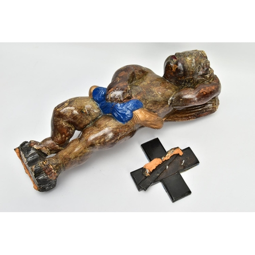 249 - A CARVED WOODEN SUPPORT IN THE FORM OF A PUTTI, with later polychrome decoration and later ebonised ... 