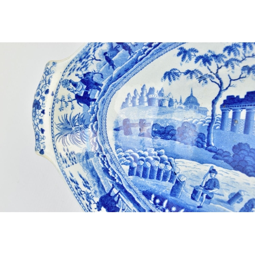 250 - AN EARLY 19TH CENTURY SPODE EARTHENWARE BLUE AND WHITE TRANSFER PRINTED CARAMANIAN SERIES OVAL PEDES... 