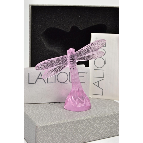 252 - A BOXED LALIQUE PINK GLASS DRAGONFLY, model no.1218500, frosted body on a clear base, etched 'Laliqu... 