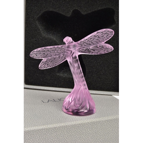 252 - A BOXED LALIQUE PINK GLASS DRAGONFLY, model no.1218500, frosted body on a clear base, etched 'Laliqu... 