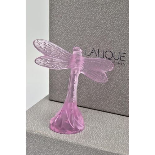 252 - A BOXED LALIQUE PINK GLASS DRAGONFLY, model no.1218500, frosted body on a clear base, etched 'Laliqu... 