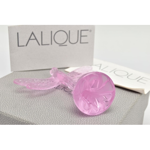 252 - A BOXED LALIQUE PINK GLASS DRAGONFLY, model no.1218500, frosted body on a clear base, etched 'Laliqu... 