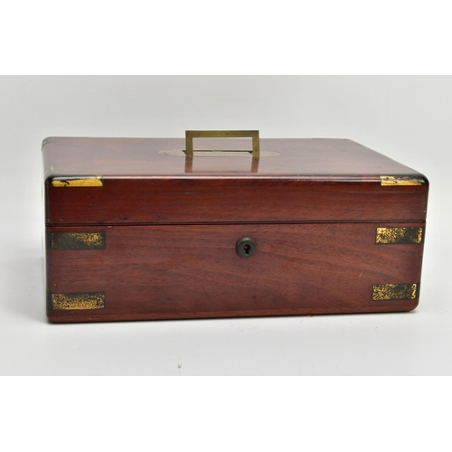 255 - AN EARLY 19TH CENTURY MAHOGANY AND GILT BRASS BANDED GENTLEMAN'S DRESSING BOX OF RECTANGULAR FORM, t... 