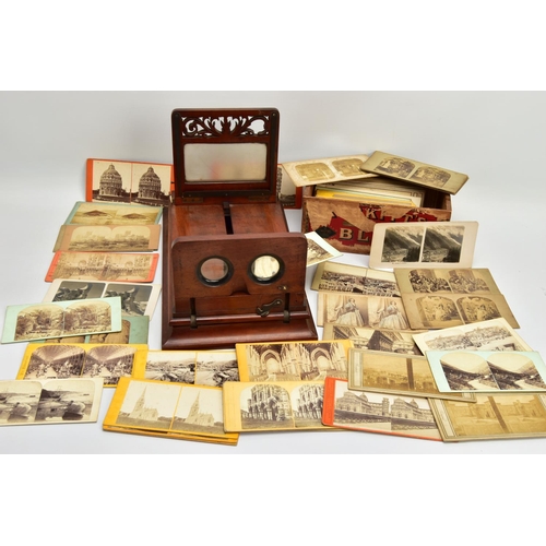 257 - A VICTORIAN MAHOGANY TABLE TOP STEREO GRAPHOSCOPE VIEWER, the top section with folding stereoscope a... 