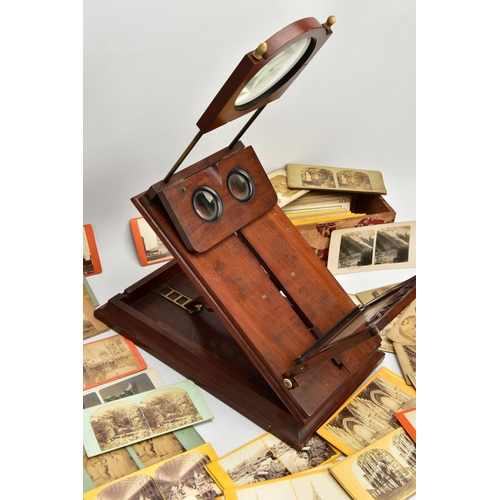 257 - A VICTORIAN MAHOGANY TABLE TOP STEREO GRAPHOSCOPE VIEWER, the top section with folding stereoscope a... 