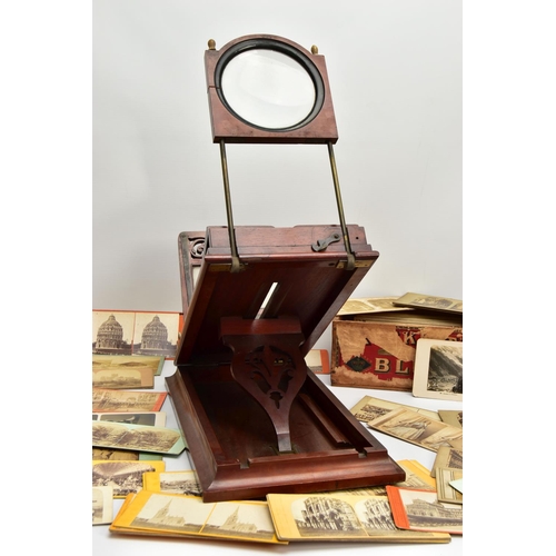 257 - A VICTORIAN MAHOGANY TABLE TOP STEREO GRAPHOSCOPE VIEWER, the top section with folding stereoscope a... 