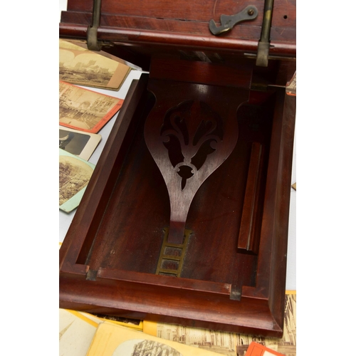 257 - A VICTORIAN MAHOGANY TABLE TOP STEREO GRAPHOSCOPE VIEWER, the top section with folding stereoscope a... 