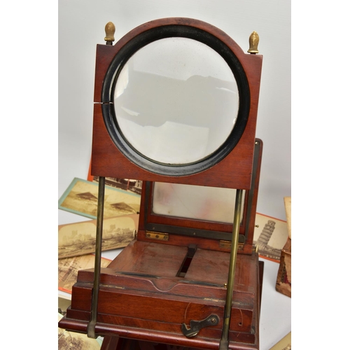 257 - A VICTORIAN MAHOGANY TABLE TOP STEREO GRAPHOSCOPE VIEWER, the top section with folding stereoscope a... 