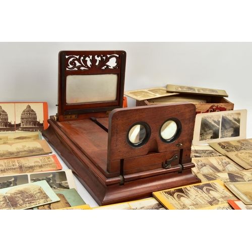 257 - A VICTORIAN MAHOGANY TABLE TOP STEREO GRAPHOSCOPE VIEWER, the top section with folding stereoscope a... 