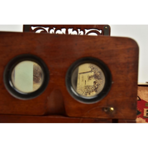 257 - A VICTORIAN MAHOGANY TABLE TOP STEREO GRAPHOSCOPE VIEWER, the top section with folding stereoscope a... 