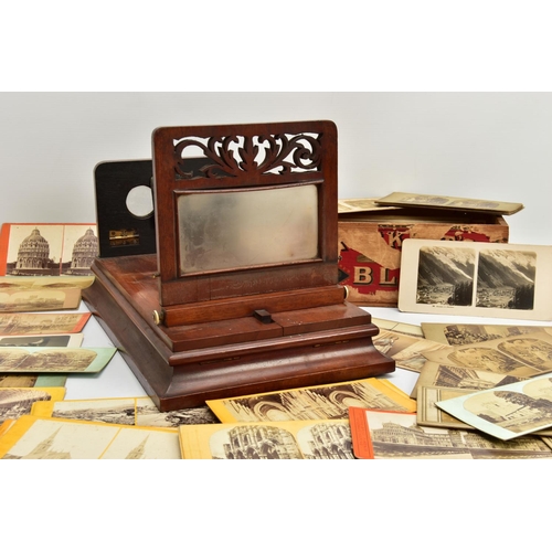 257 - A VICTORIAN MAHOGANY TABLE TOP STEREO GRAPHOSCOPE VIEWER, the top section with folding stereoscope a... 