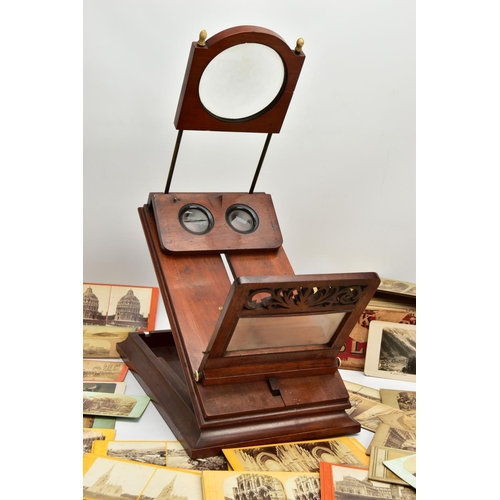 257 - A VICTORIAN MAHOGANY TABLE TOP STEREO GRAPHOSCOPE VIEWER, the top section with folding stereoscope a... 