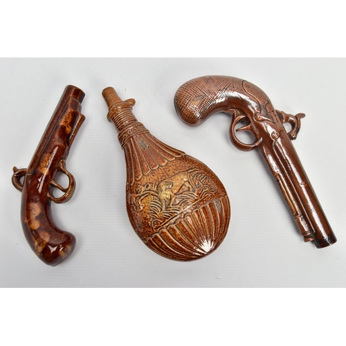 262 - A 19TH CENTURY BROWN SALT GLAZED STONEWARE FULHAM POTTERY FLASK IN THE FORM OF A PISTOL, impressed '... 