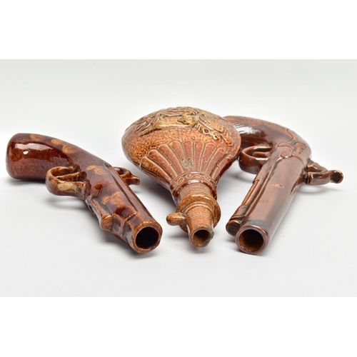 262 - A 19TH CENTURY BROWN SALT GLAZED STONEWARE FULHAM POTTERY FLASK IN THE FORM OF A PISTOL, impressed '... 