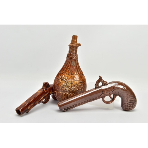 262 - A 19TH CENTURY BROWN SALT GLAZED STONEWARE FULHAM POTTERY FLASK IN THE FORM OF A PISTOL, impressed '... 