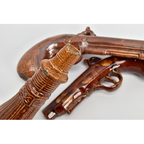 262 - A 19TH CENTURY BROWN SALT GLAZED STONEWARE FULHAM POTTERY FLASK IN THE FORM OF A PISTOL, impressed '... 