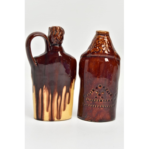 264 - A 19TH CENTURY JOSEPH THOMPSON HARTSHORNE POTTERY TREACLE GLAZED BROUGHAM REFORM CORDIAL FLASK, mode... 